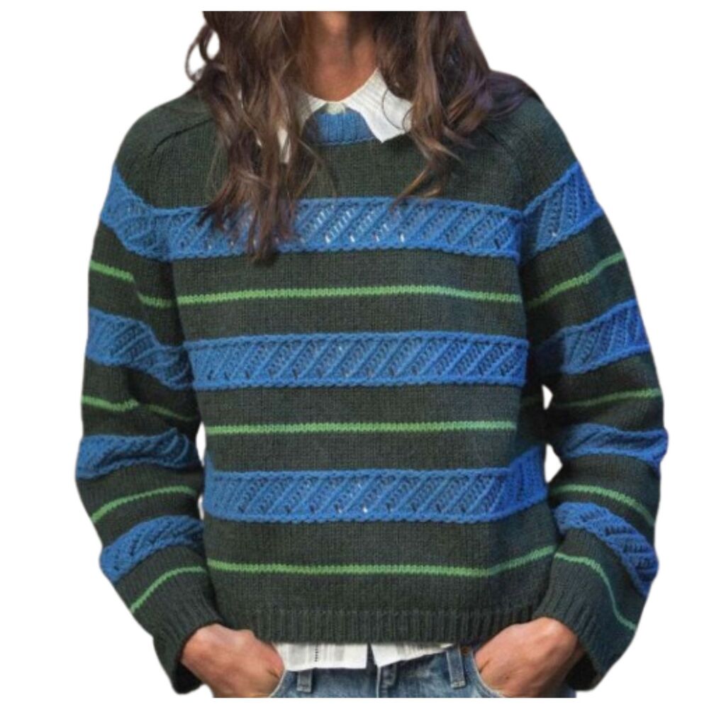 Trovata Dorian Cream Green Blue Striped Crochet Knit Sweater Medium NWT